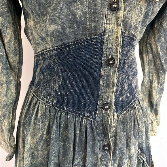 Acid Wash Cowgirl Boho Prairie Cinched Waist Full Skirt Dress EVC - Picture 3 of 8